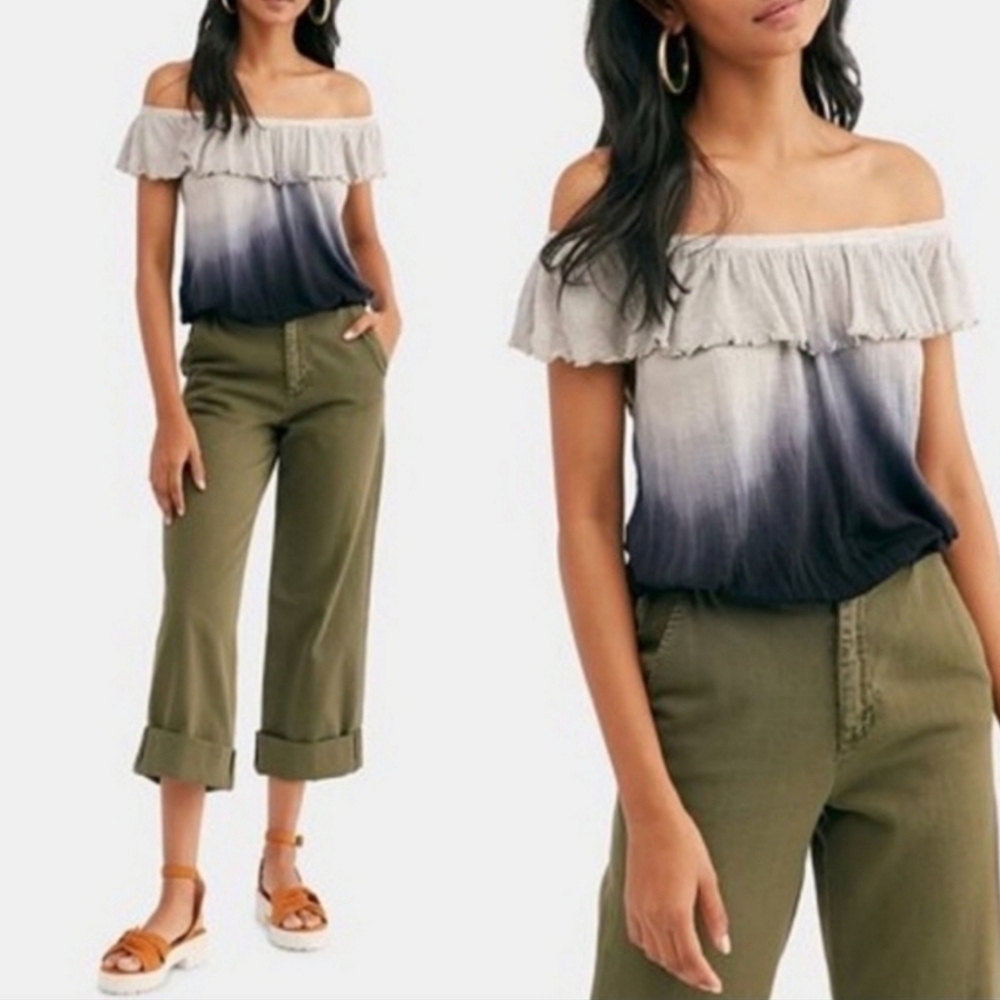 NWT Free People Cora Lee Off The Shoulder Top Black Ivory Ombre Boho Summer S